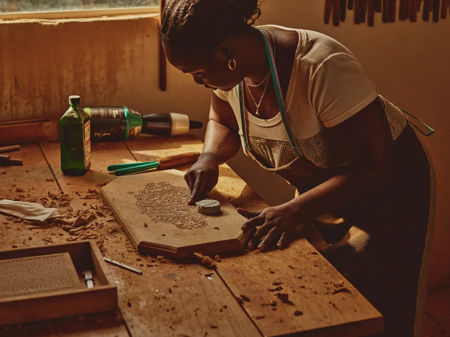Artisan hands sanding and finishing a laser engraved wooden plaque in the Ayana Creations workshop