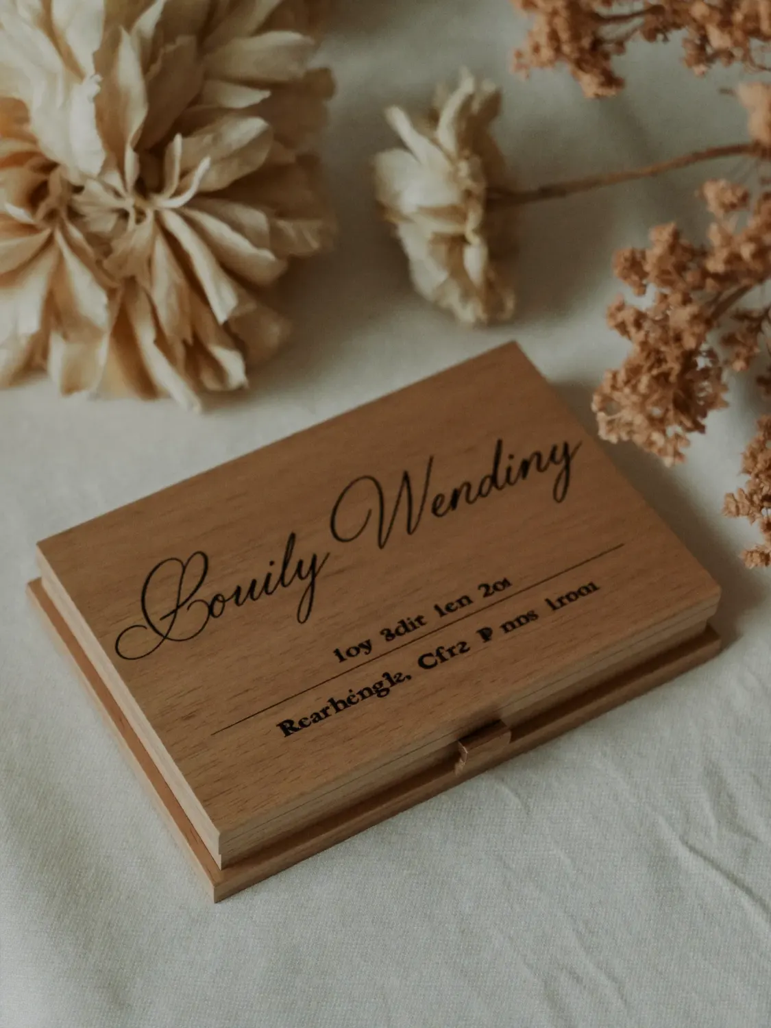 Engraved wooden keepsake box on ivory linen with dried flowers