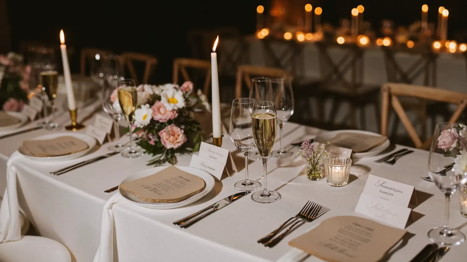 Luxurious wedding reception table with engraved wooden place cards and personalised favours