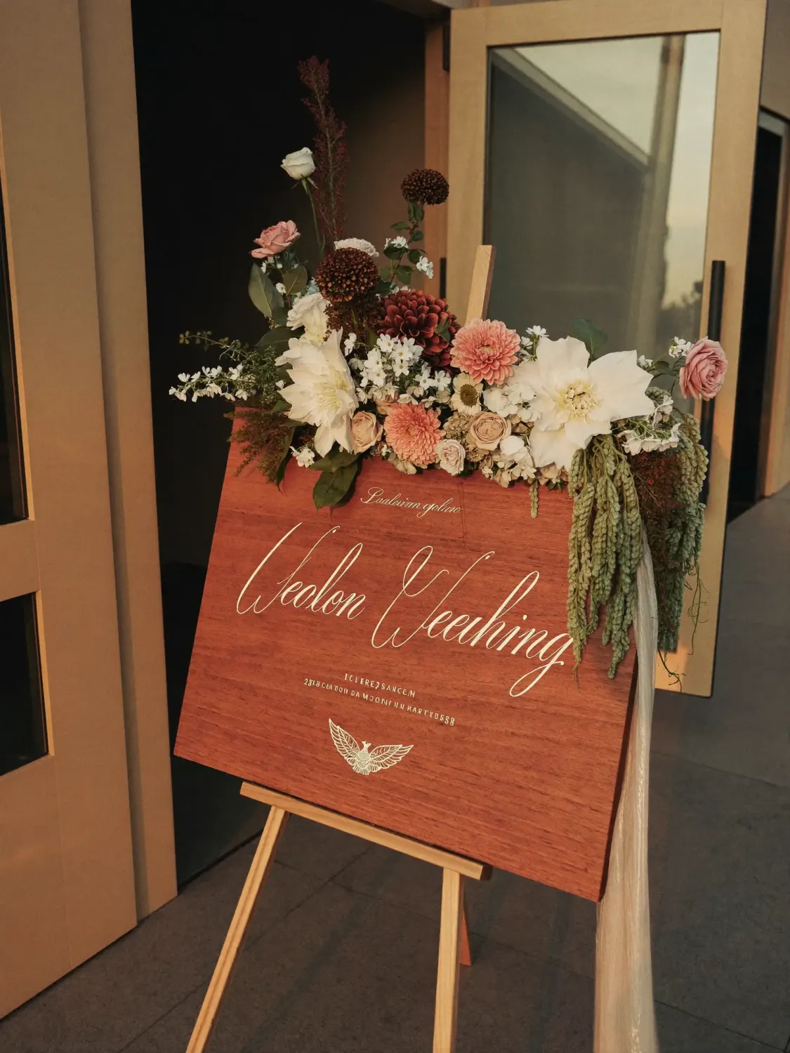 Laser engraved wooden wedding welcome sign with champagne florals at venue entrance